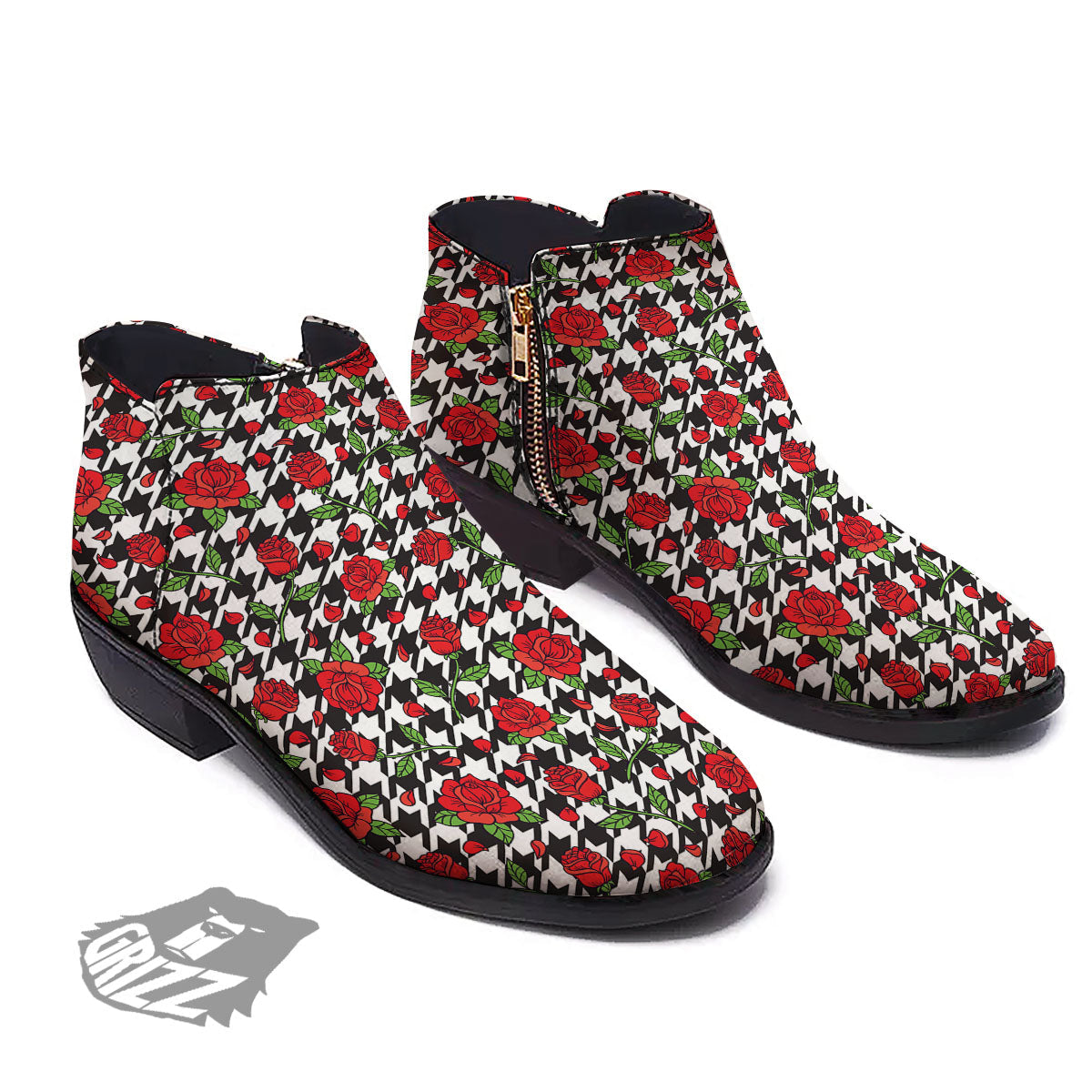 Houndstooth Red Roses Print Pattern Ankle Boots-grizzshop