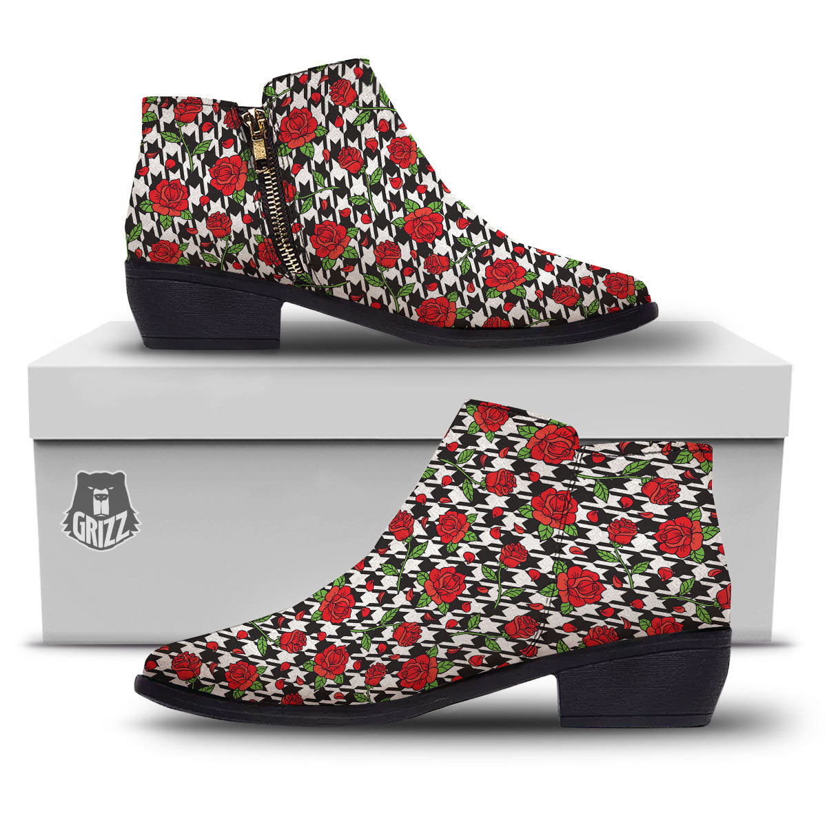 Houndstooth Red Roses Print Pattern Ankle Boots-grizzshop