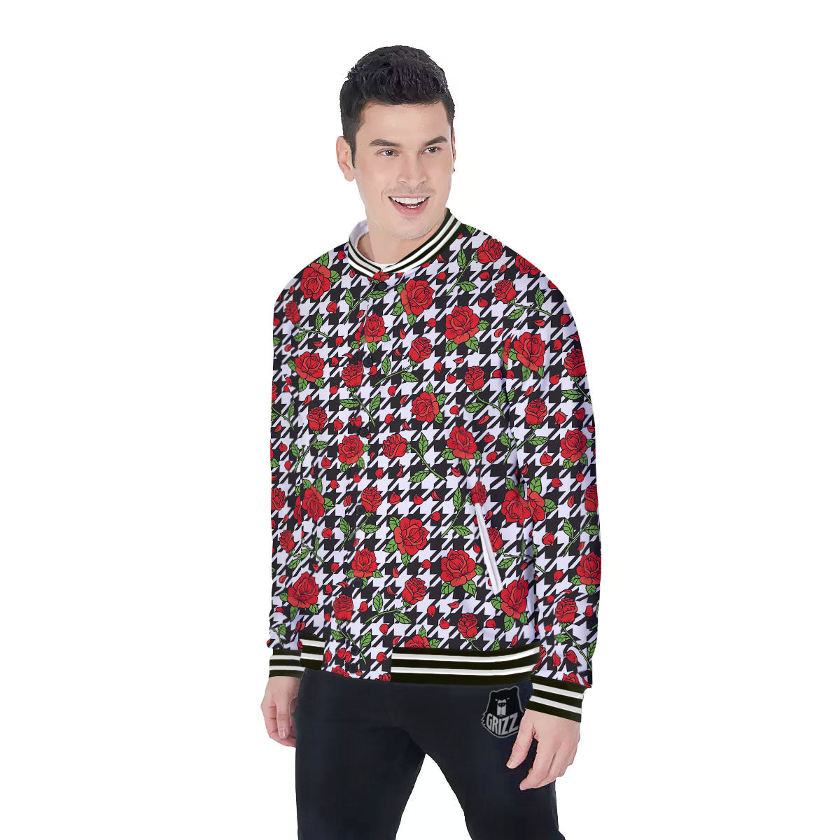 Houndstooth Red Roses Print Pattern Baseball Jacket-grizzshop