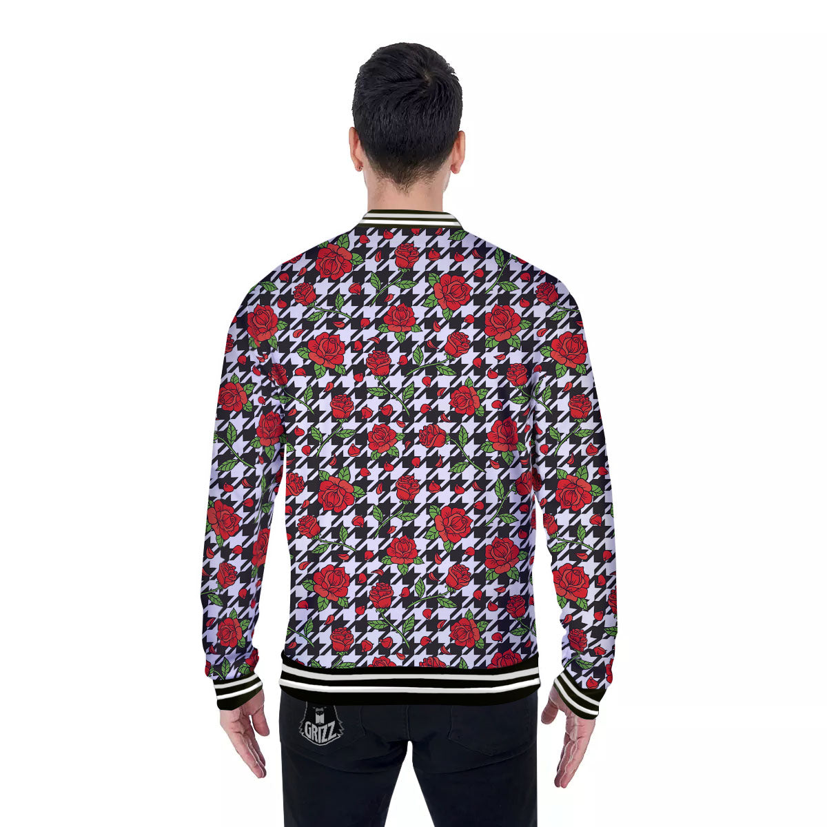 Houndstooth Red Roses Print Pattern Baseball Jacket-grizzshop