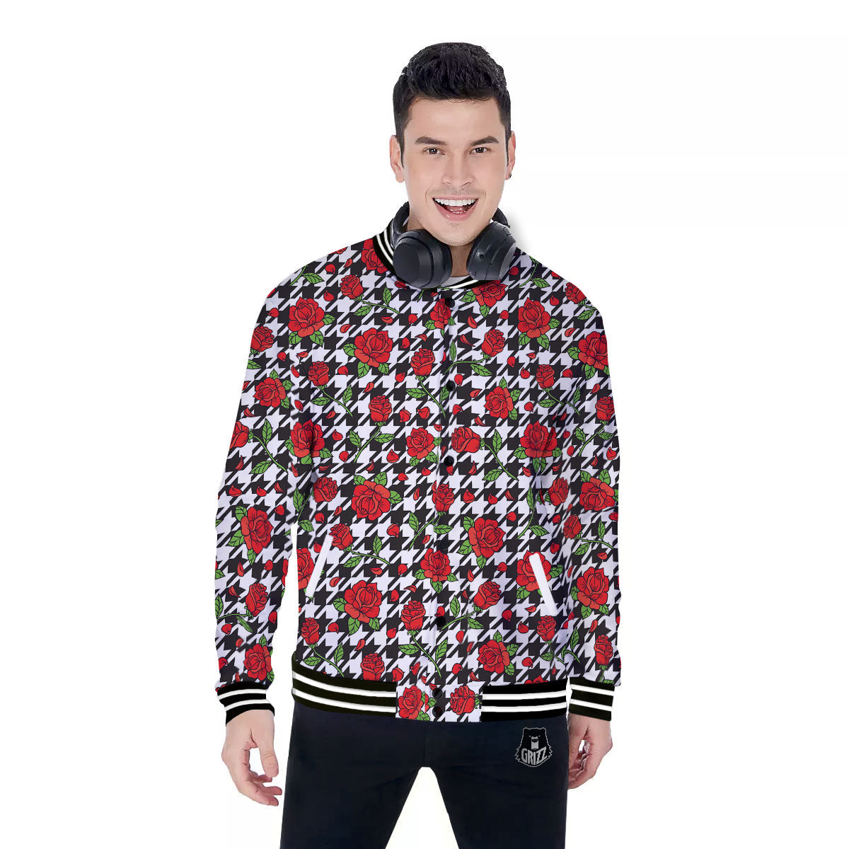 Houndstooth Red Roses Print Pattern Baseball Jacket-grizzshop