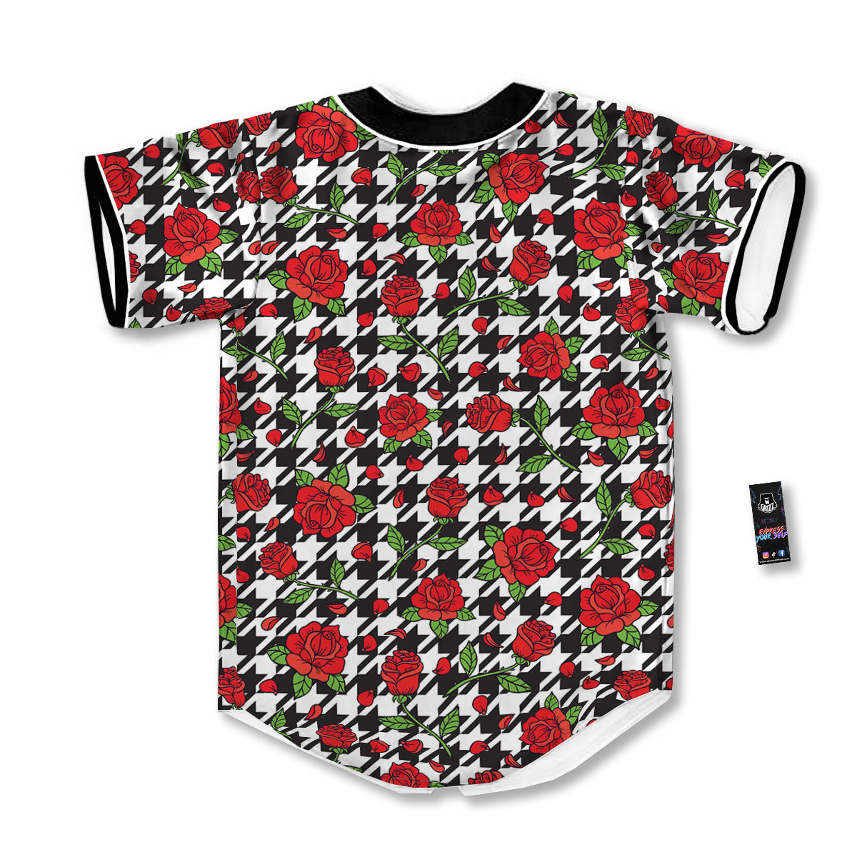 Houndstooth Red Roses Print Pattern Baseball Jersey-grizzshop