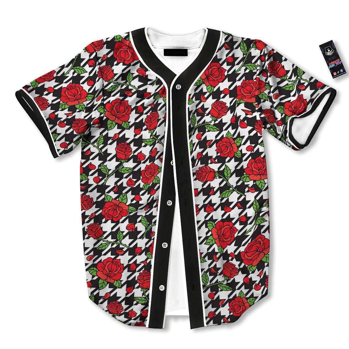 Houndstooth Red Roses Print Pattern Baseball Jersey-grizzshop