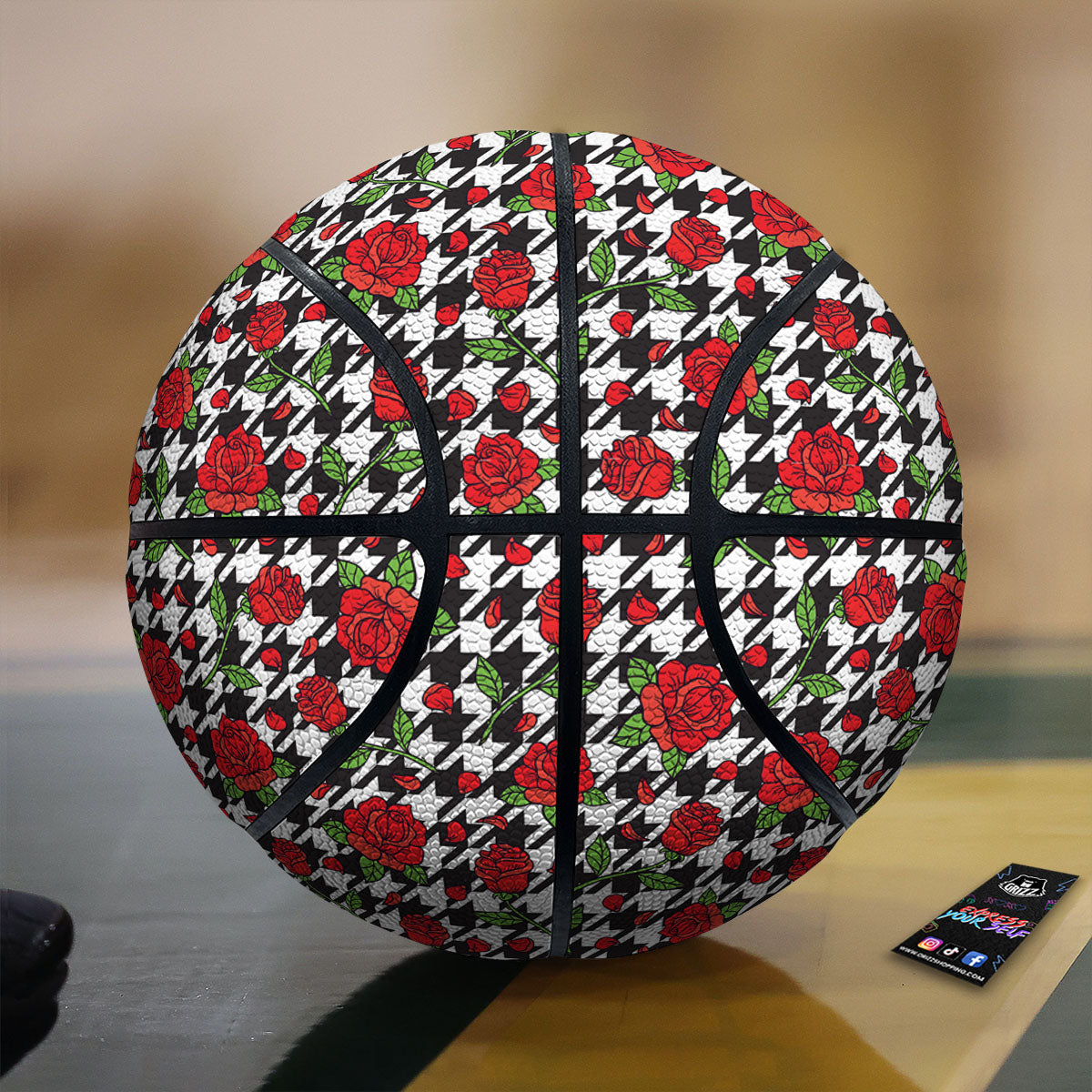 Houndstooth Red Roses Print Pattern Basketball-grizzshop