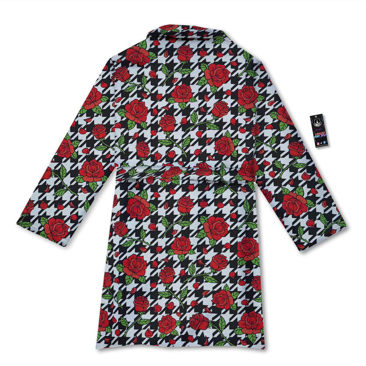 Houndstooth Red Roses Print Pattern Bathrobe-grizzshop