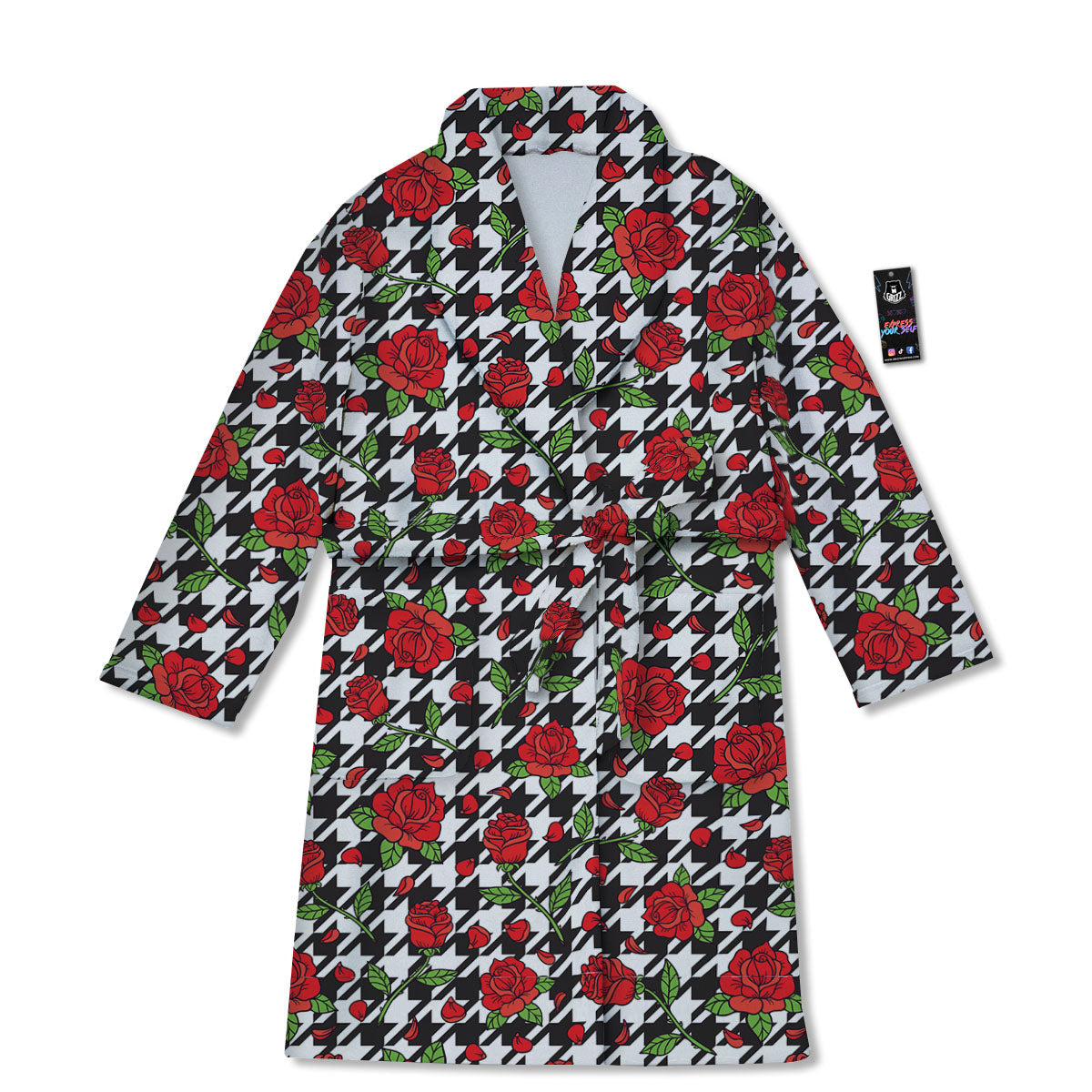 Houndstooth Red Roses Print Pattern Bathrobe-grizzshop