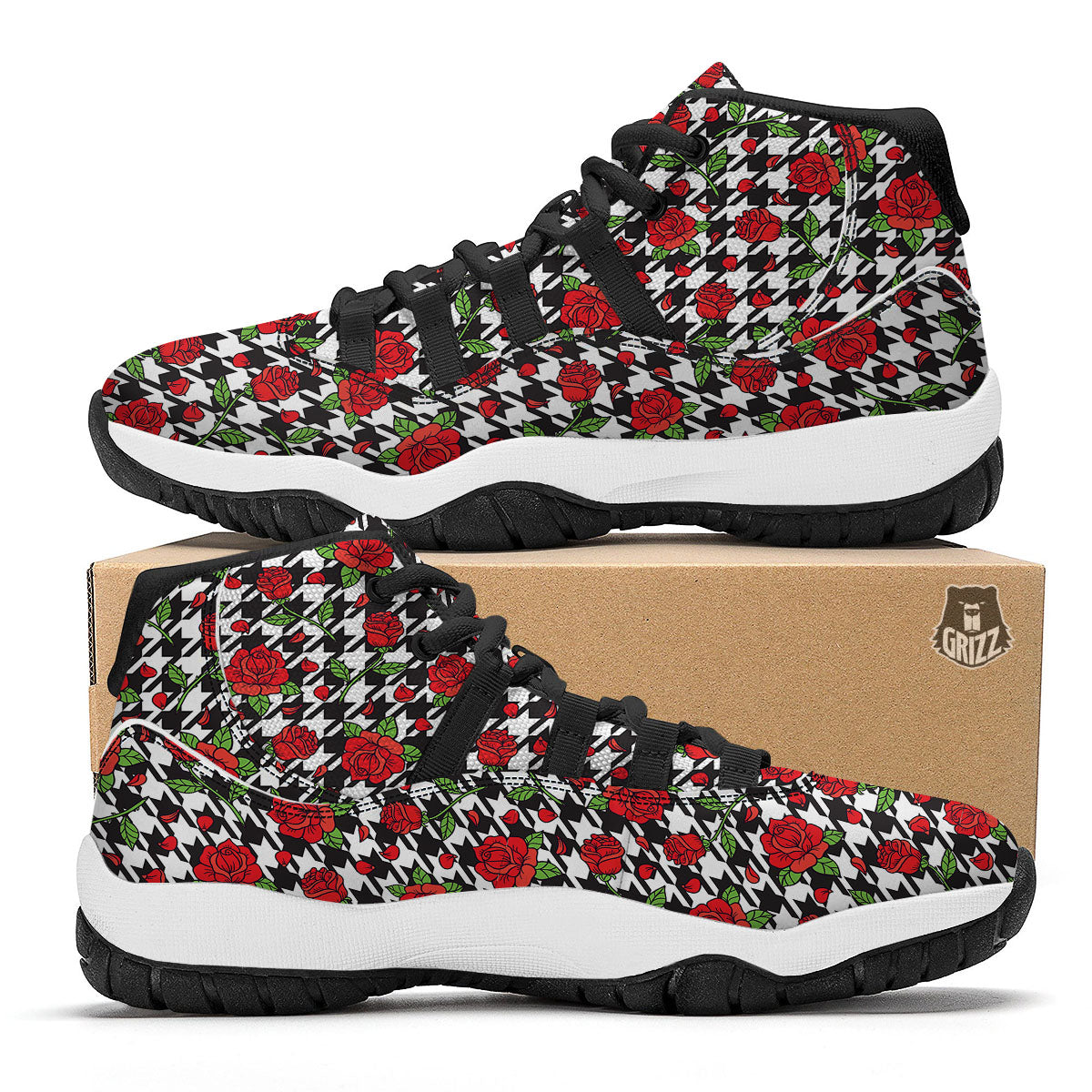 Houndstooth Red Roses Print Pattern Black Bball Shoes-grizzshop
