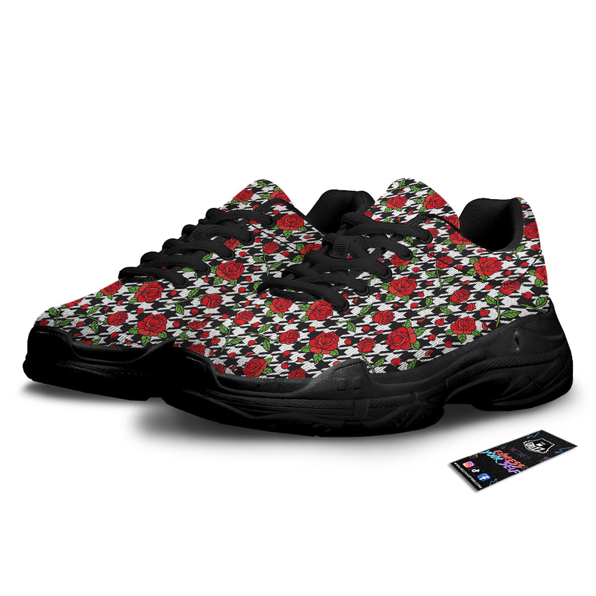 Houndstooth Red Roses Print Pattern Black Chunky Shoes-grizzshop