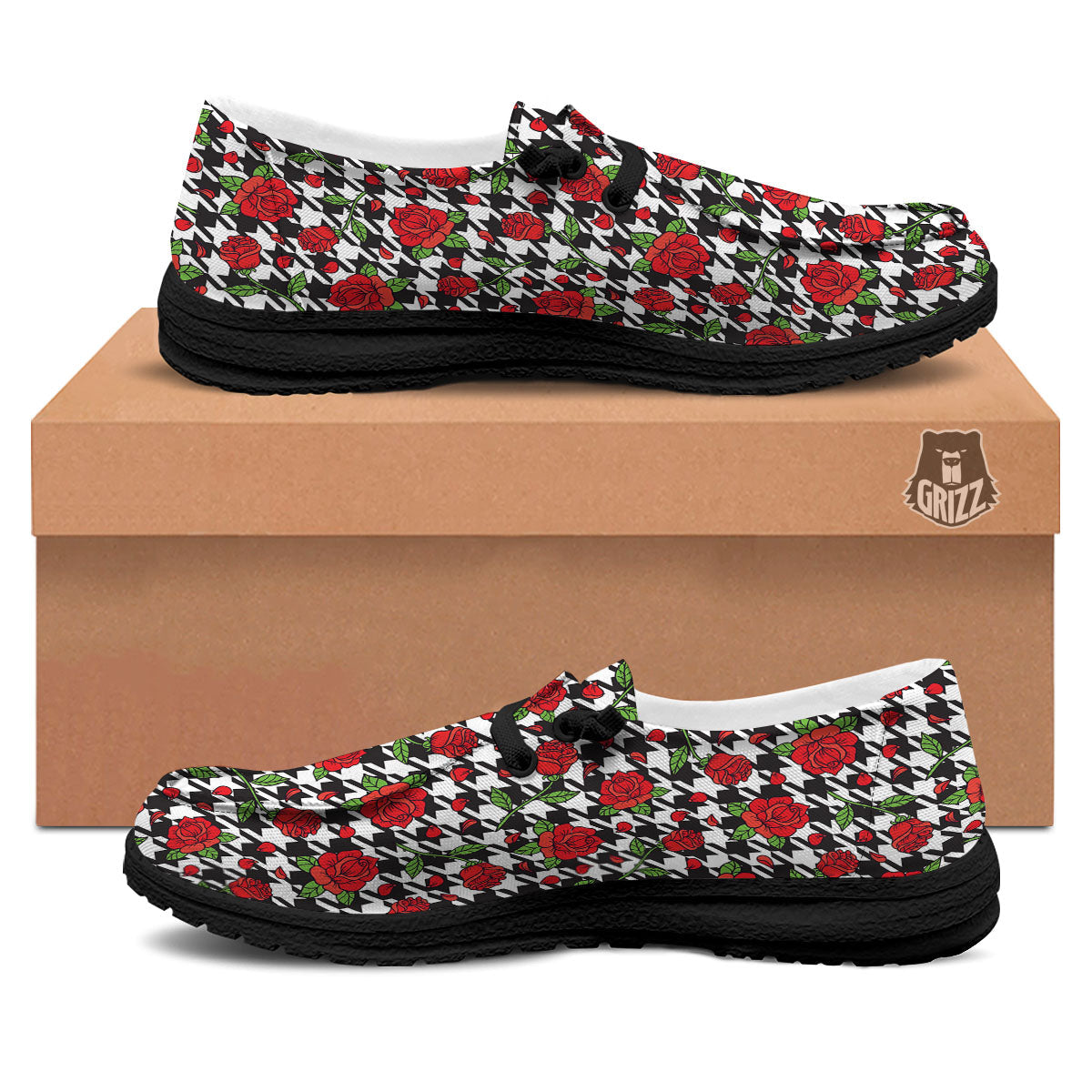 Houndstooth Red Roses Print Pattern Black Loafers-grizzshop