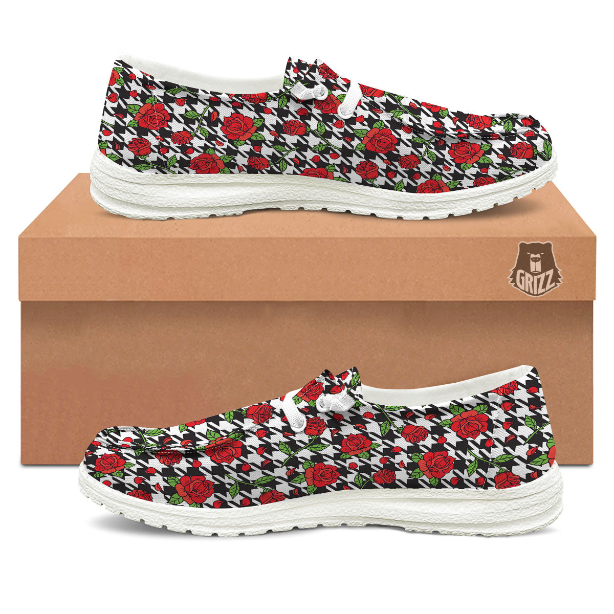 Houndstooth Red Roses Print Pattern Black Loafers-grizzshop