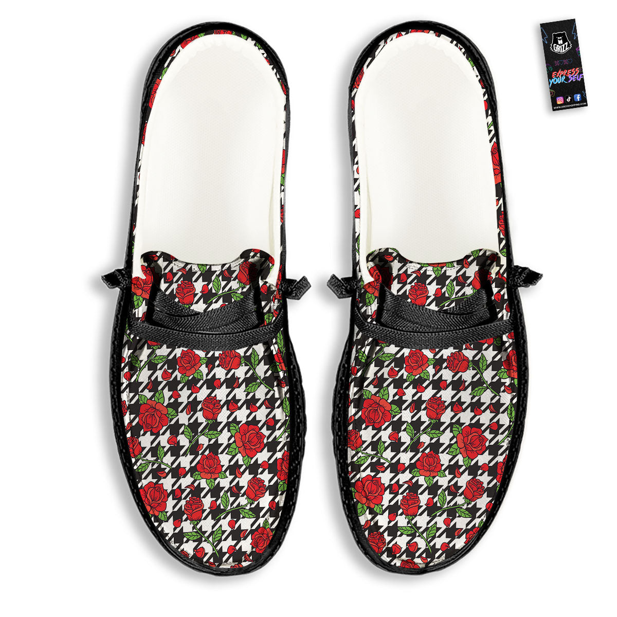 Houndstooth Red Roses Print Pattern Black Loafers-grizzshop