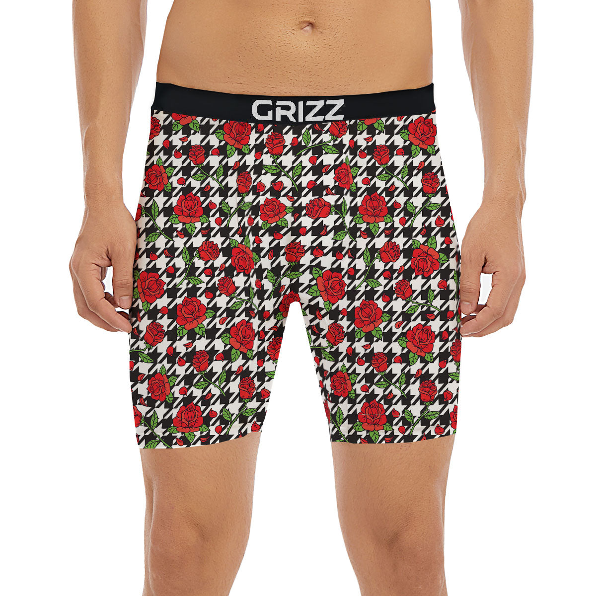 Houndstooth Red Roses Print Pattern Boxer Briefs-grizzshop