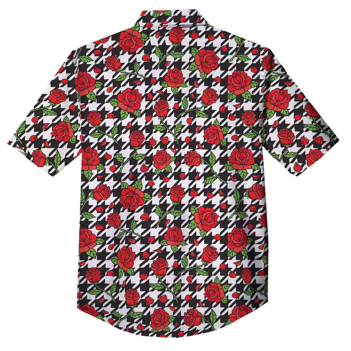 Houndstooth Red Roses Print Pattern Button Up Shirt-grizzshop