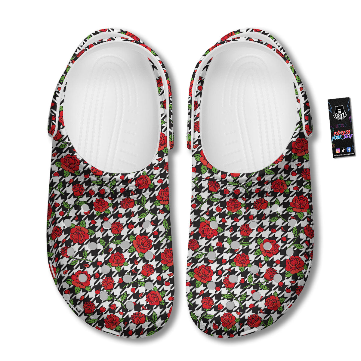 Houndstooth Red Roses Print Pattern Clog-grizzshop