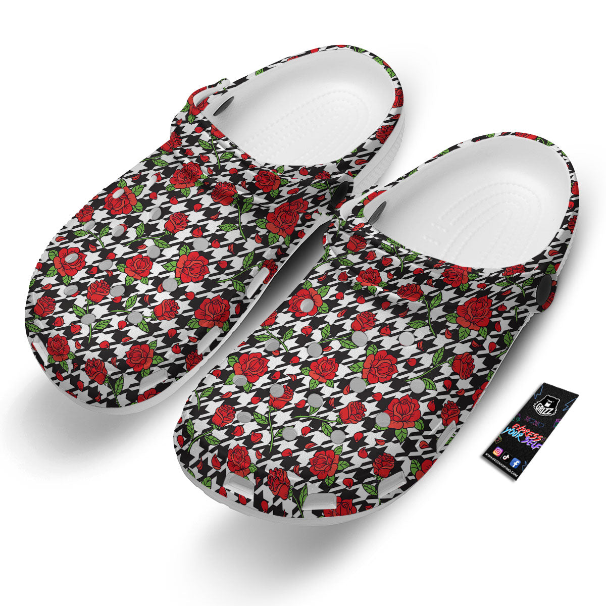 Houndstooth Red Roses Print Pattern Clog-grizzshop