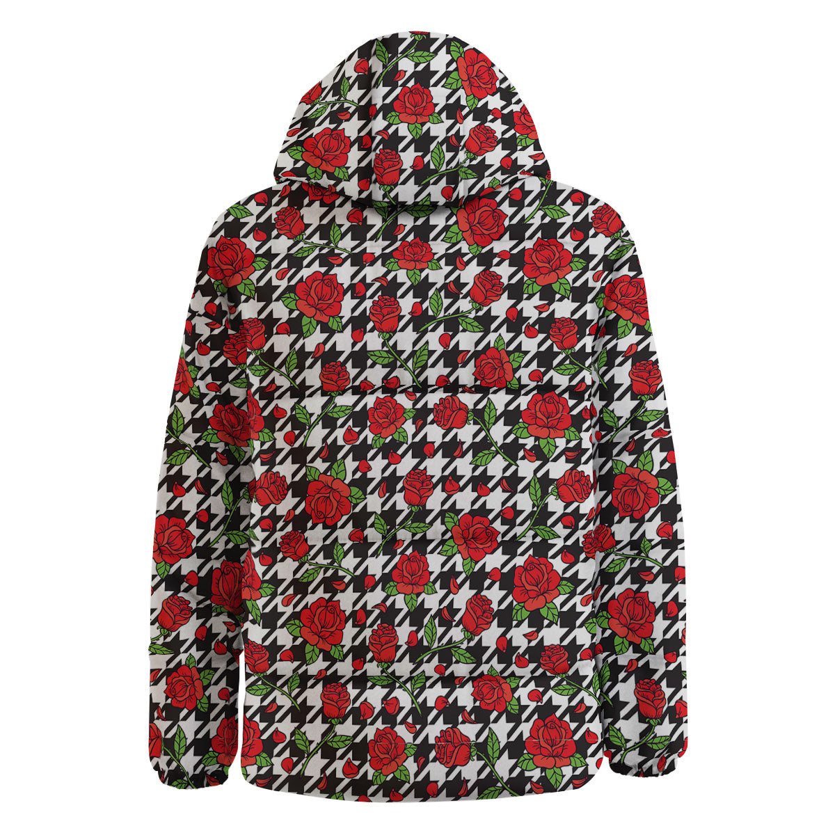 Houndstooth Red Roses Print Pattern Down Jacket-grizzshop