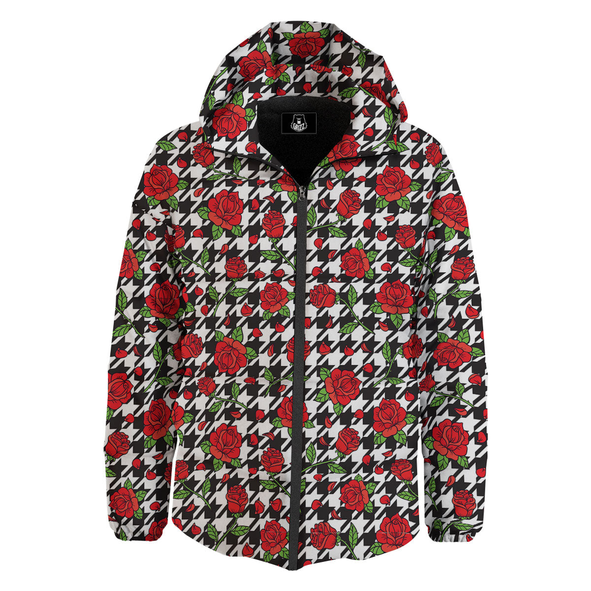 Houndstooth Red Roses Print Pattern Down Jacket-grizzshop