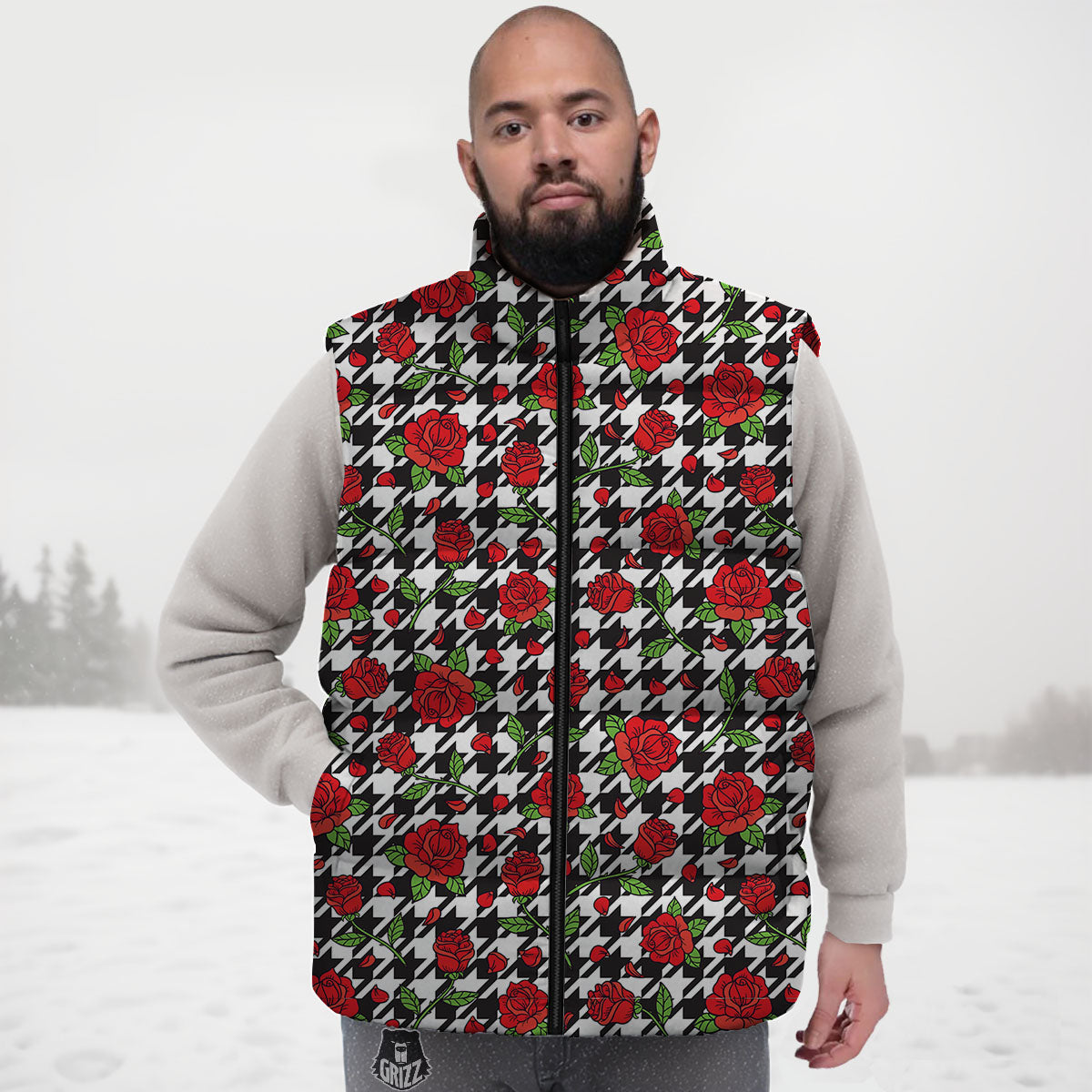 Houndstooth Red Roses Print Pattern Down Vest