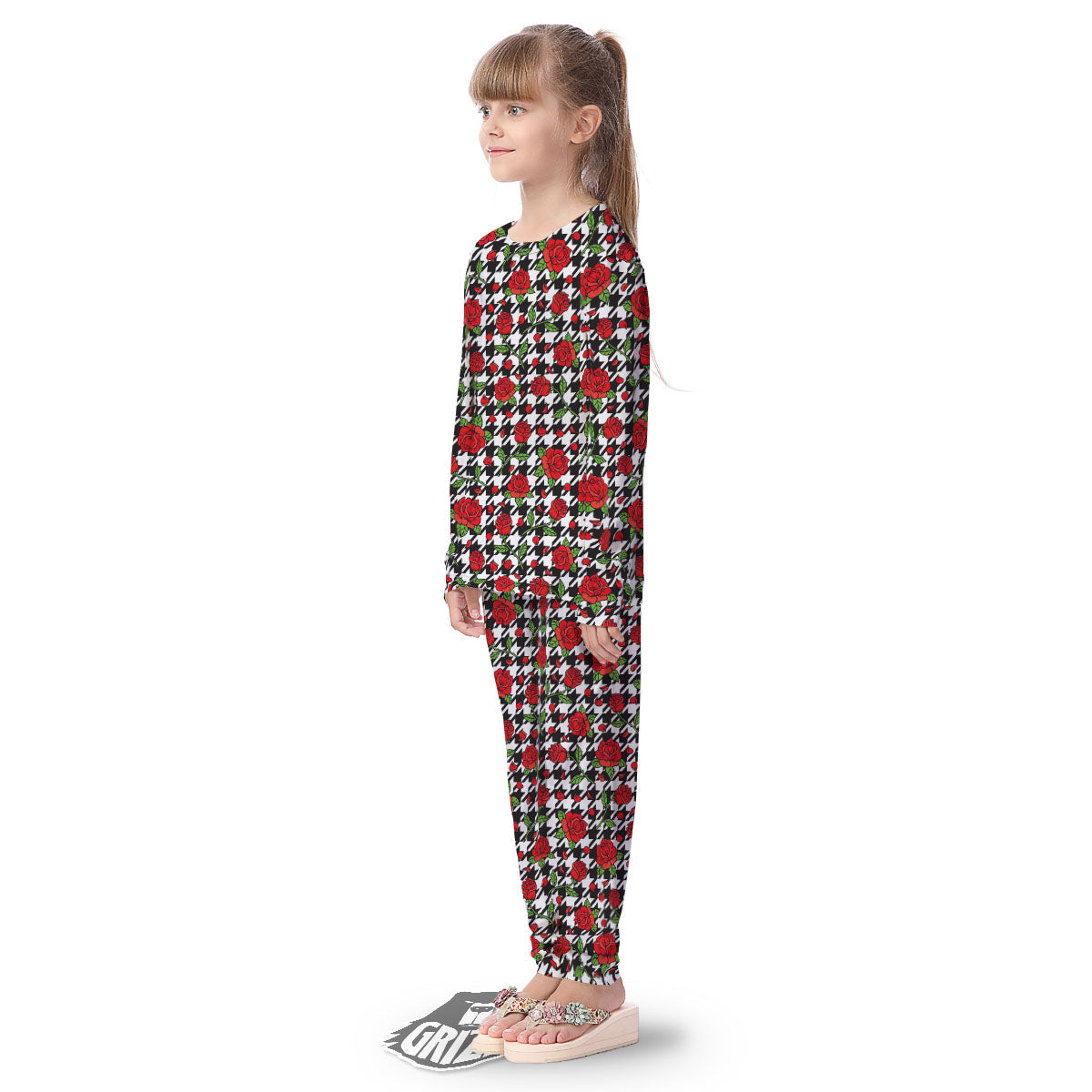Houndstooth Red Roses Print Pattern Kid's Pajamas-grizzshop