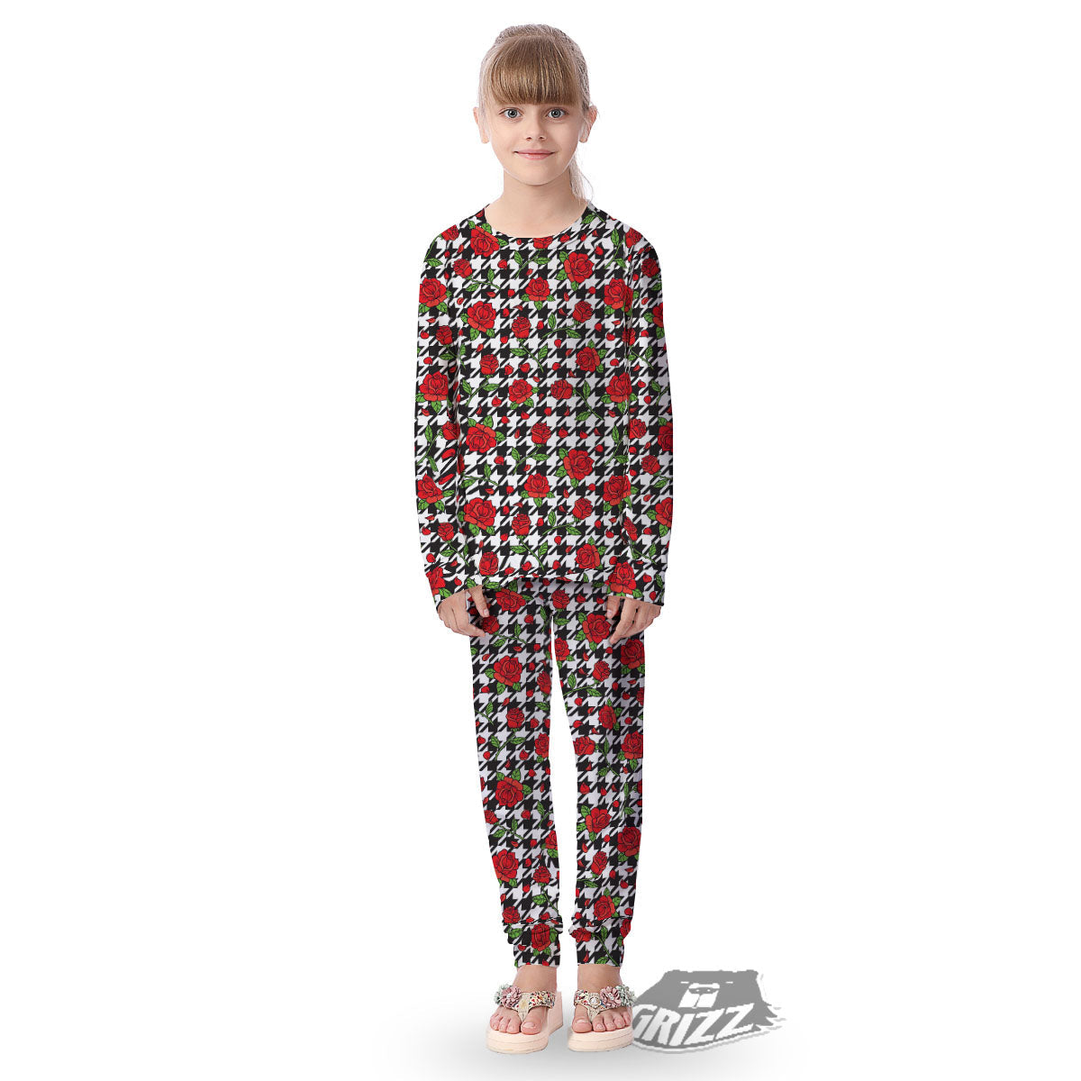 Houndstooth Red Roses Print Pattern Kid's Pajamas-grizzshop