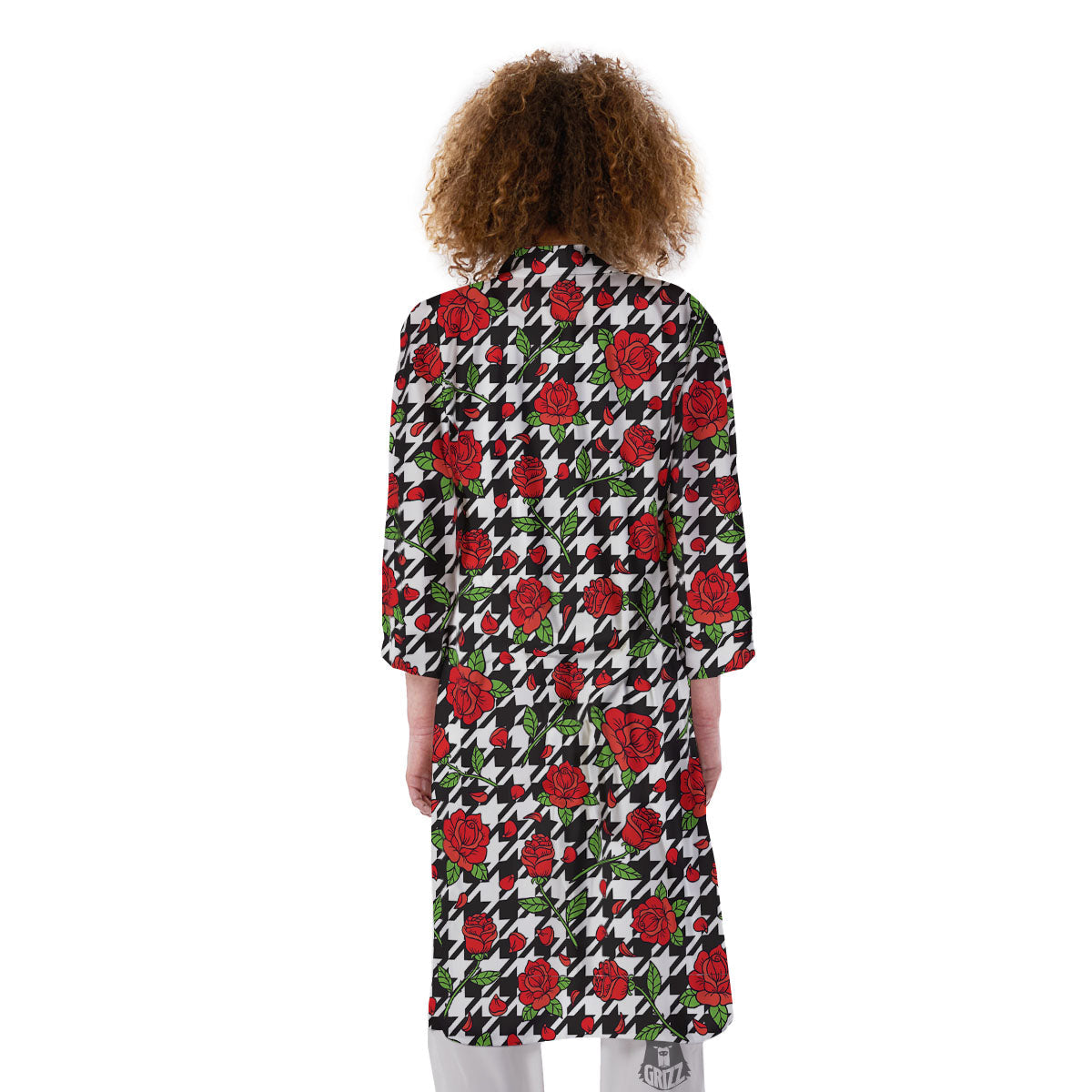 Houndstooth Red Roses Print Pattern Kimono-grizzshop