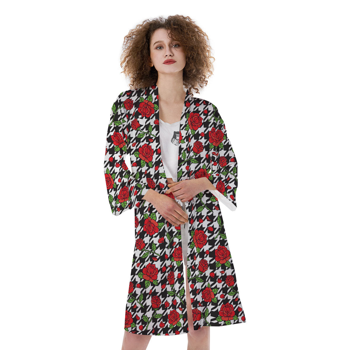 Houndstooth Red Roses Print Pattern Kimono-grizzshop
