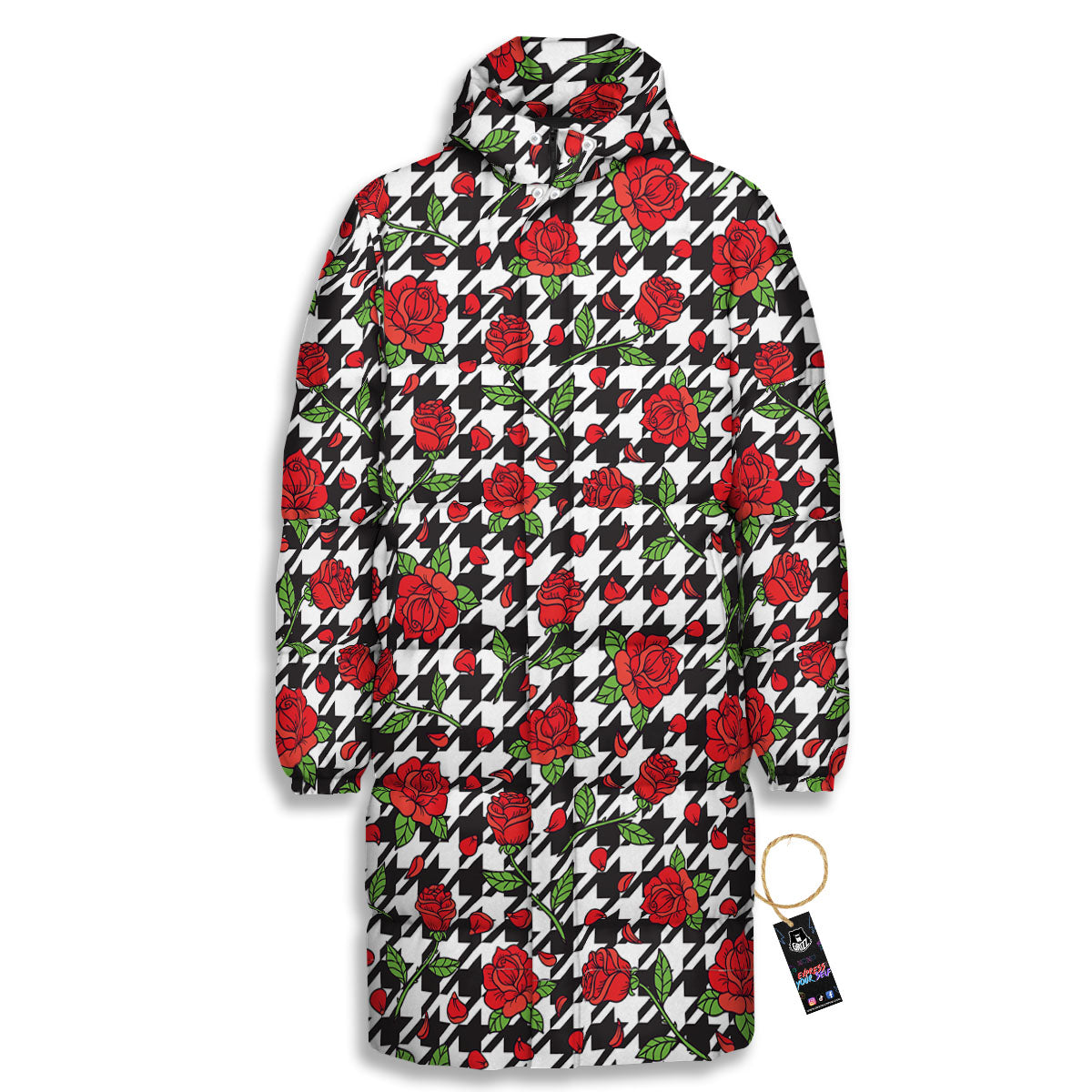 Houndstooth Red Roses Print Pattern Long Down Jacket-grizzshop