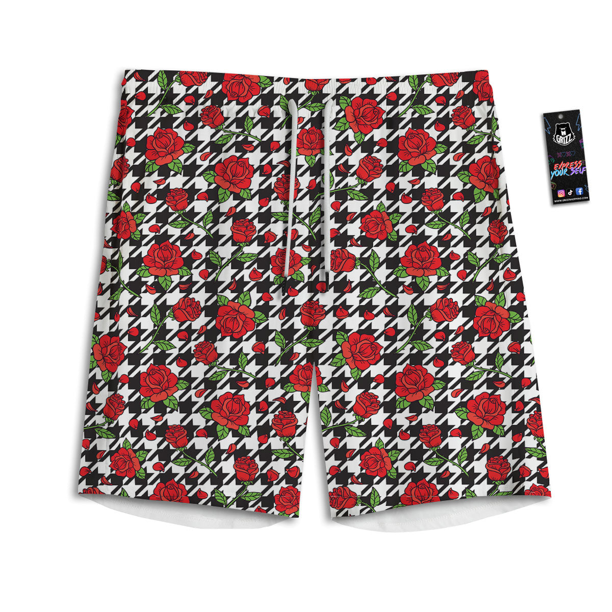 Houndstooth Red Roses Print Pattern Men's Athletic Shorts