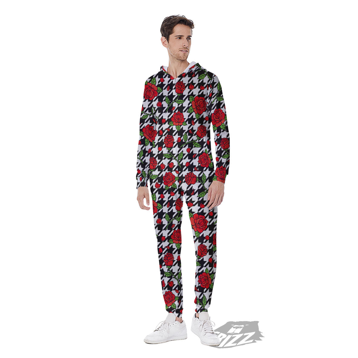 Houndstooth Red Roses Print Pattern Men's Jumpsuit-grizzshop
