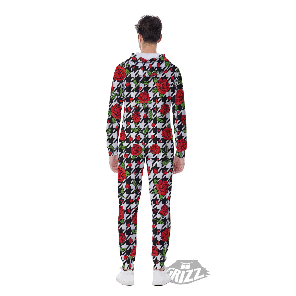 Houndstooth Red Roses Print Pattern Men's Jumpsuit-grizzshop