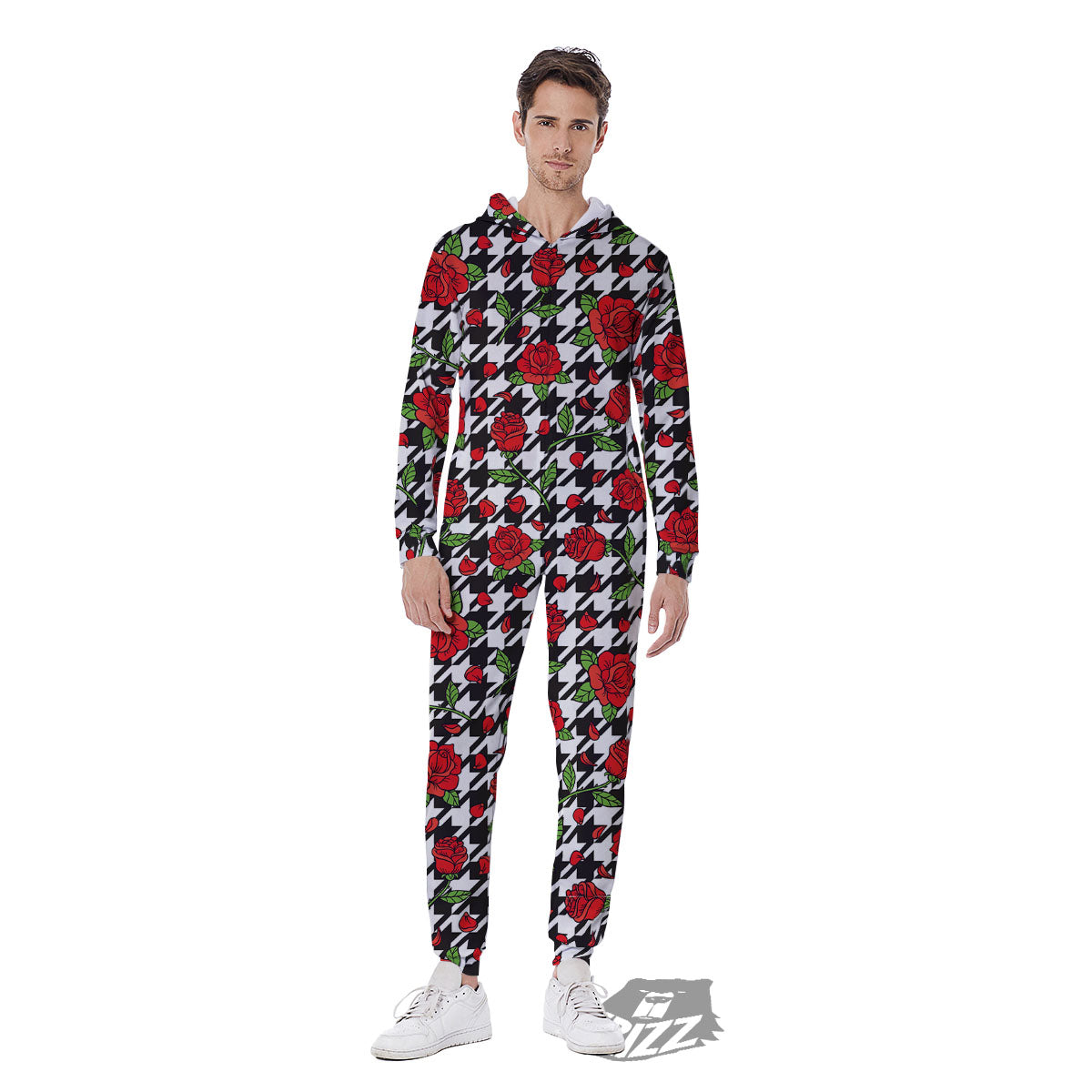 Houndstooth Red Roses Print Pattern Men's Jumpsuit-grizzshop