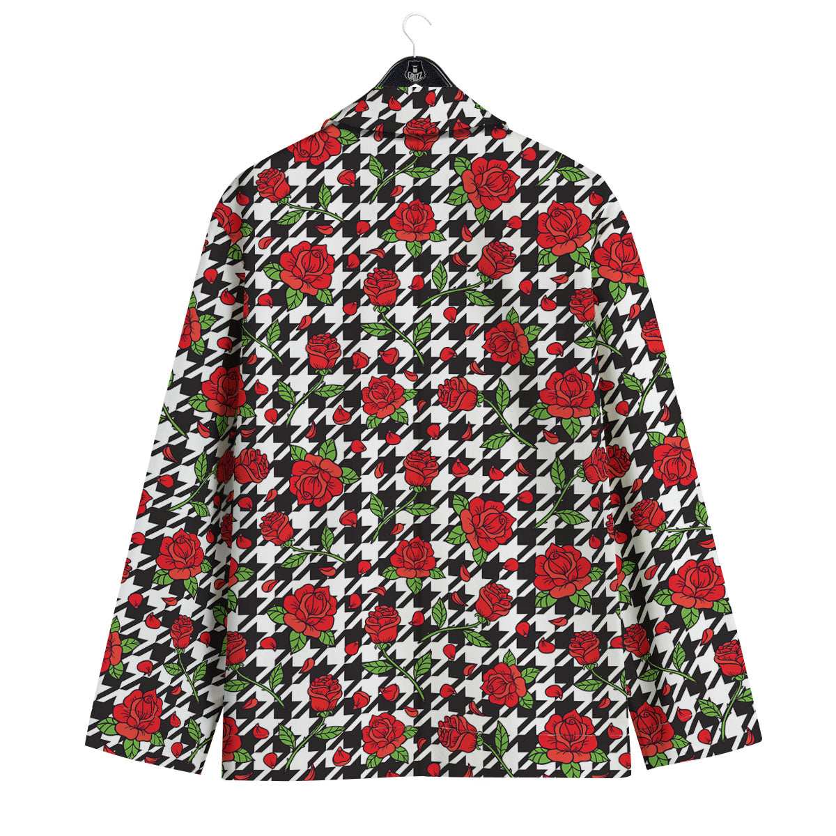 Houndstooth Red Roses Print Pattern Men's Sport Coat-grizzshop