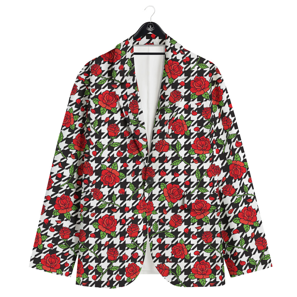 Houndstooth Red Roses Print Pattern Men's Sport Coat-grizzshop