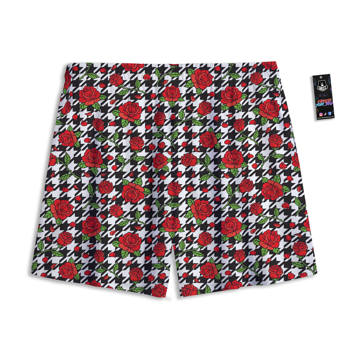 Houndstooth Red Roses Print Pattern Mesh Shorts