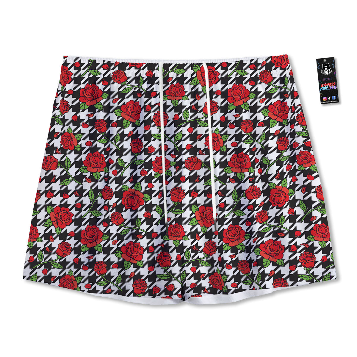Houndstooth Red Roses Print Pattern Mesh Shorts