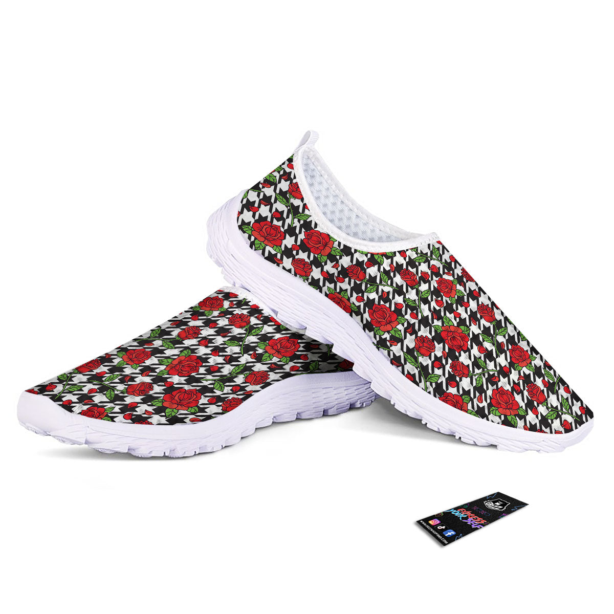 Houndstooth Red Roses Print Pattern Nurse Shoes-grizzshop