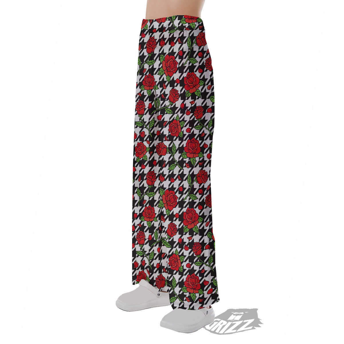 Houndstooth Red Roses Print Pattern Pajama Pants-grizzshop