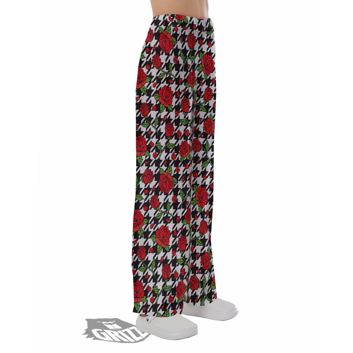 Houndstooth Red Roses Print Pattern Pajama Pants-grizzshop