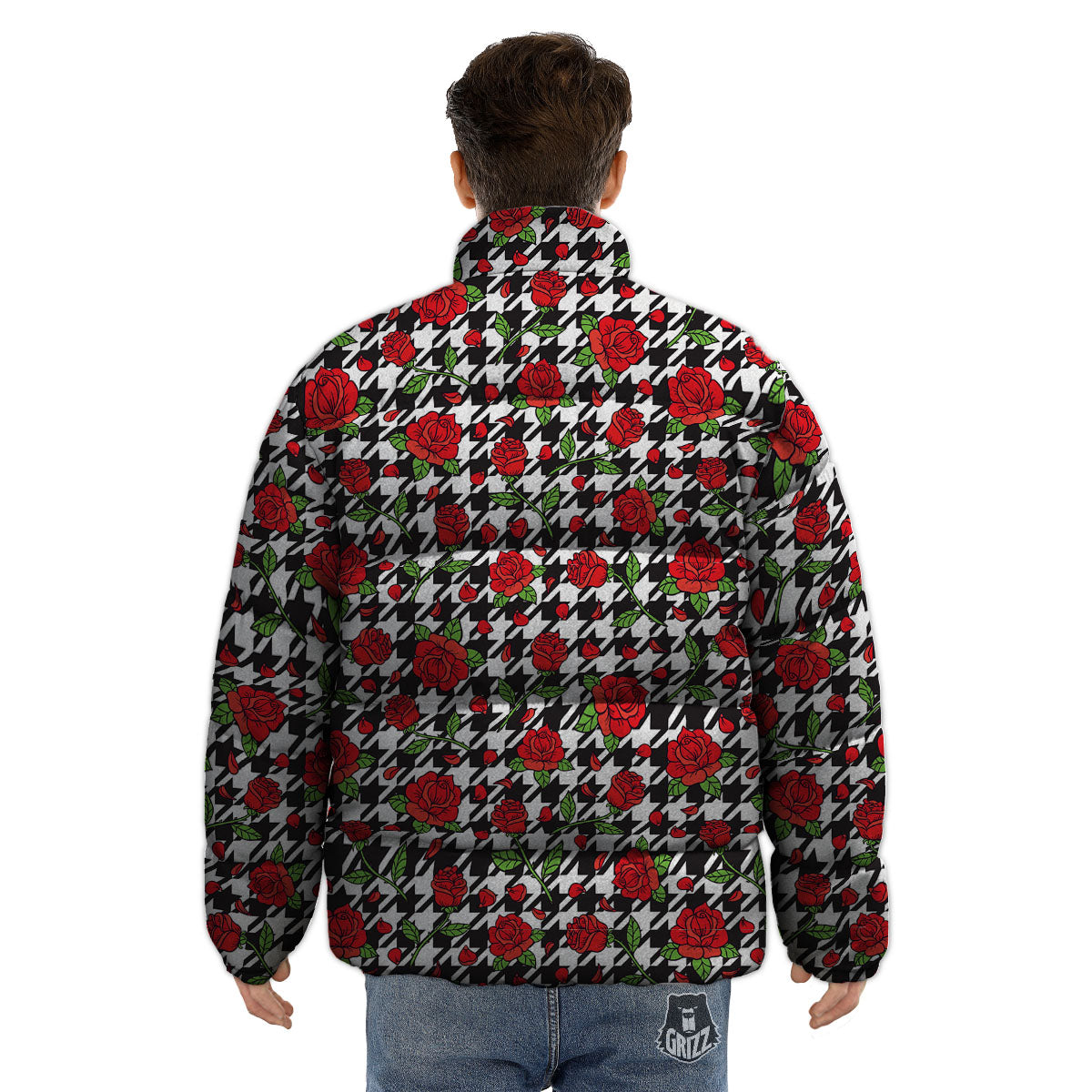 Houndstooth Red Roses Print Pattern Puffer Jacket-grizzshop