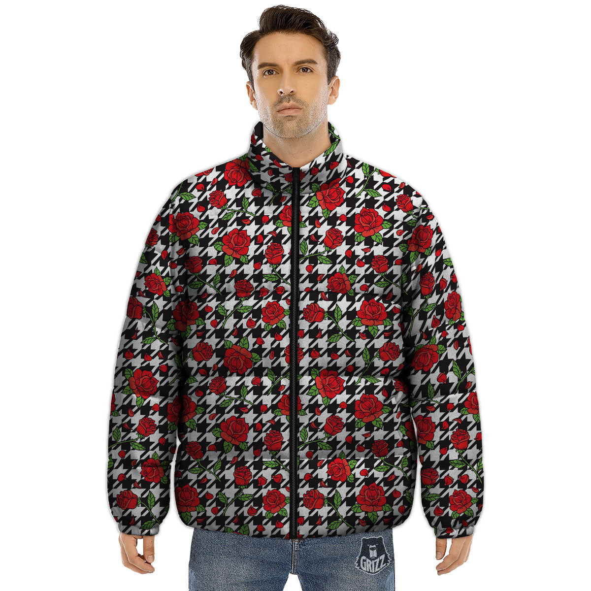 Houndstooth Red Roses Print Pattern Puffer Jacket-grizzshop