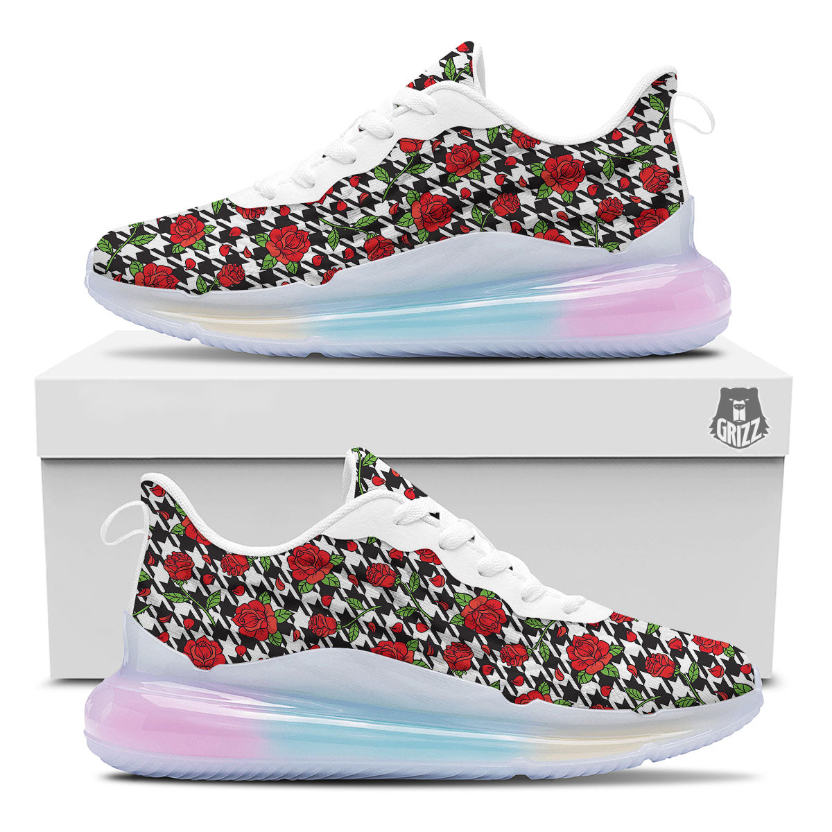 Houndstooth Red Roses Print Pattern Running Sneakers-grizzshop