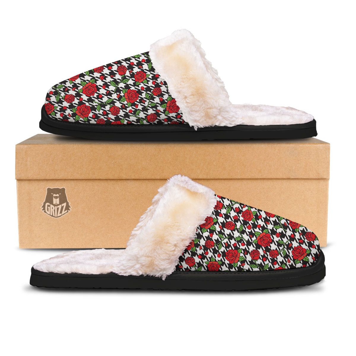 Houndstooth Red Roses Print Pattern Slippers-grizzshop