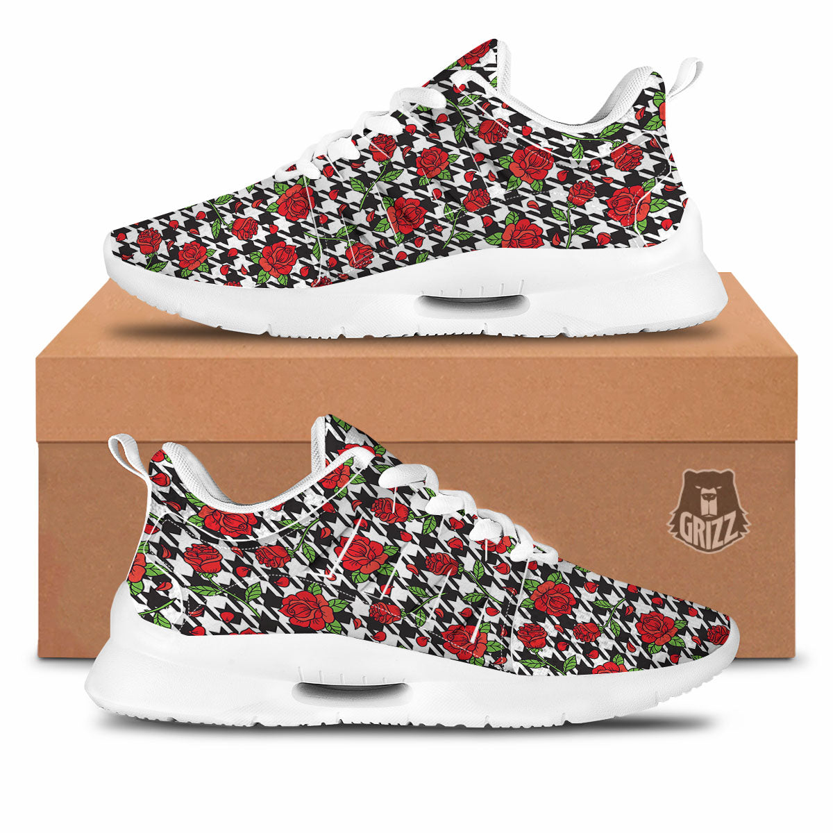 Houndstooth Red Roses Print Pattern Tennis Shoes-grizzshop