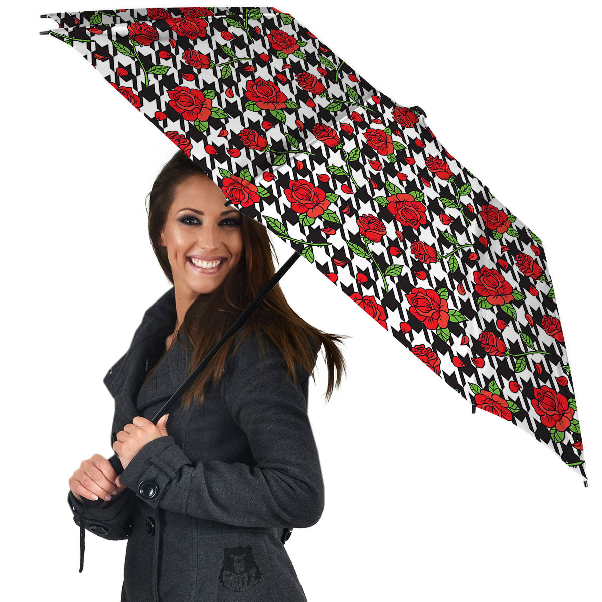 Houndstooth Red Roses Print Pattern Umbrella-grizzshop