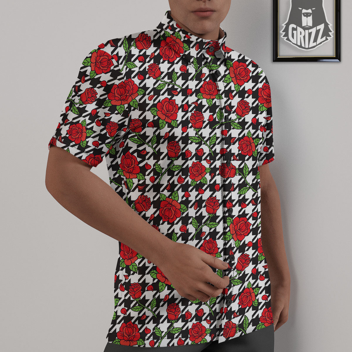 Houndstooth Red Roses Print Pattern Untucked Shirts-grizzshop