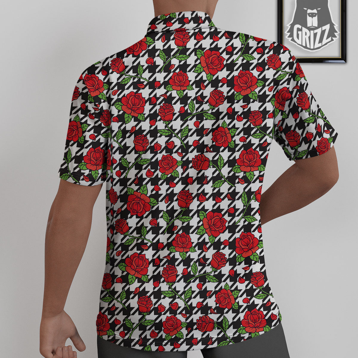 Houndstooth Red Roses Print Pattern Untucked Shirts-grizzshop