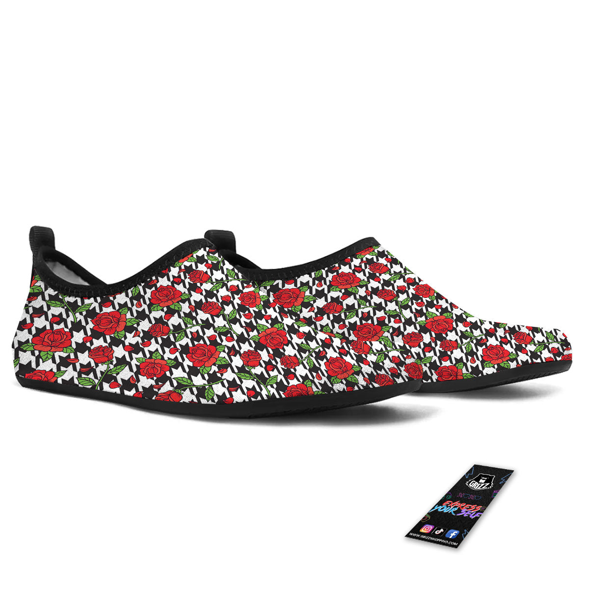 Houndstooth Red Roses Print Pattern Water Shoes-grizzshop