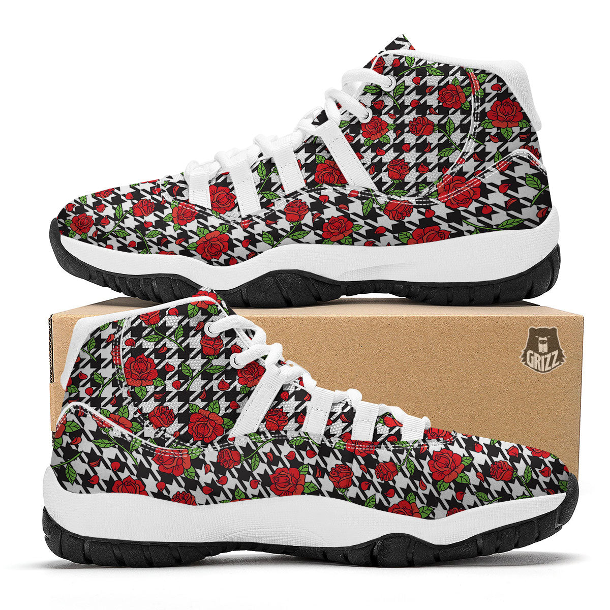 Houndstooth Red Roses Print Pattern White Bball Shoes-grizzshop