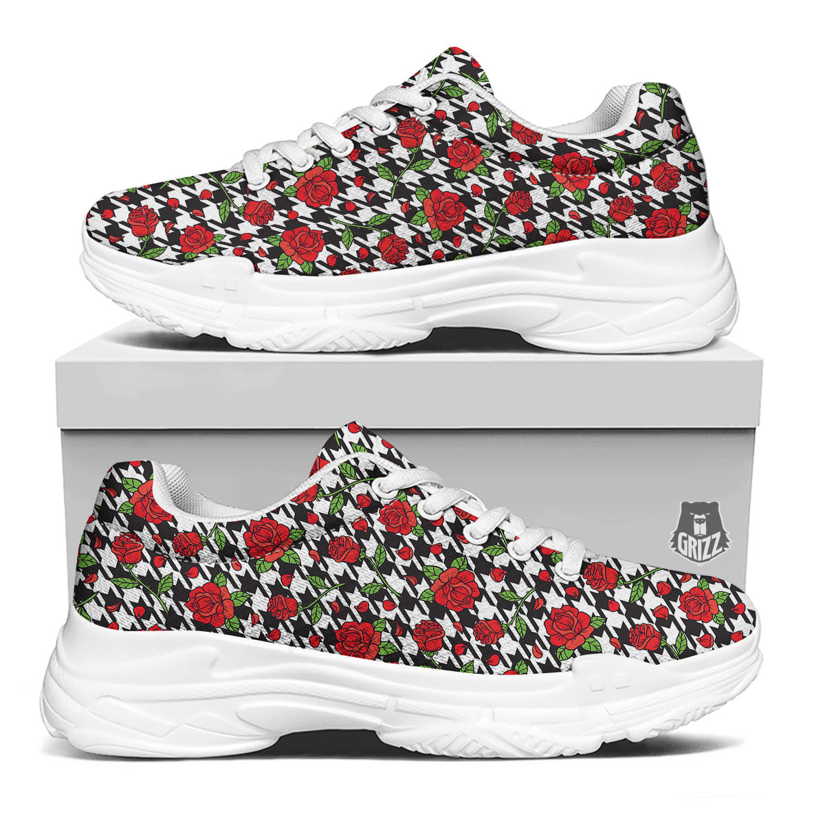 Houndstooth Red Roses Print Pattern White Chunky Shoes-grizzshop