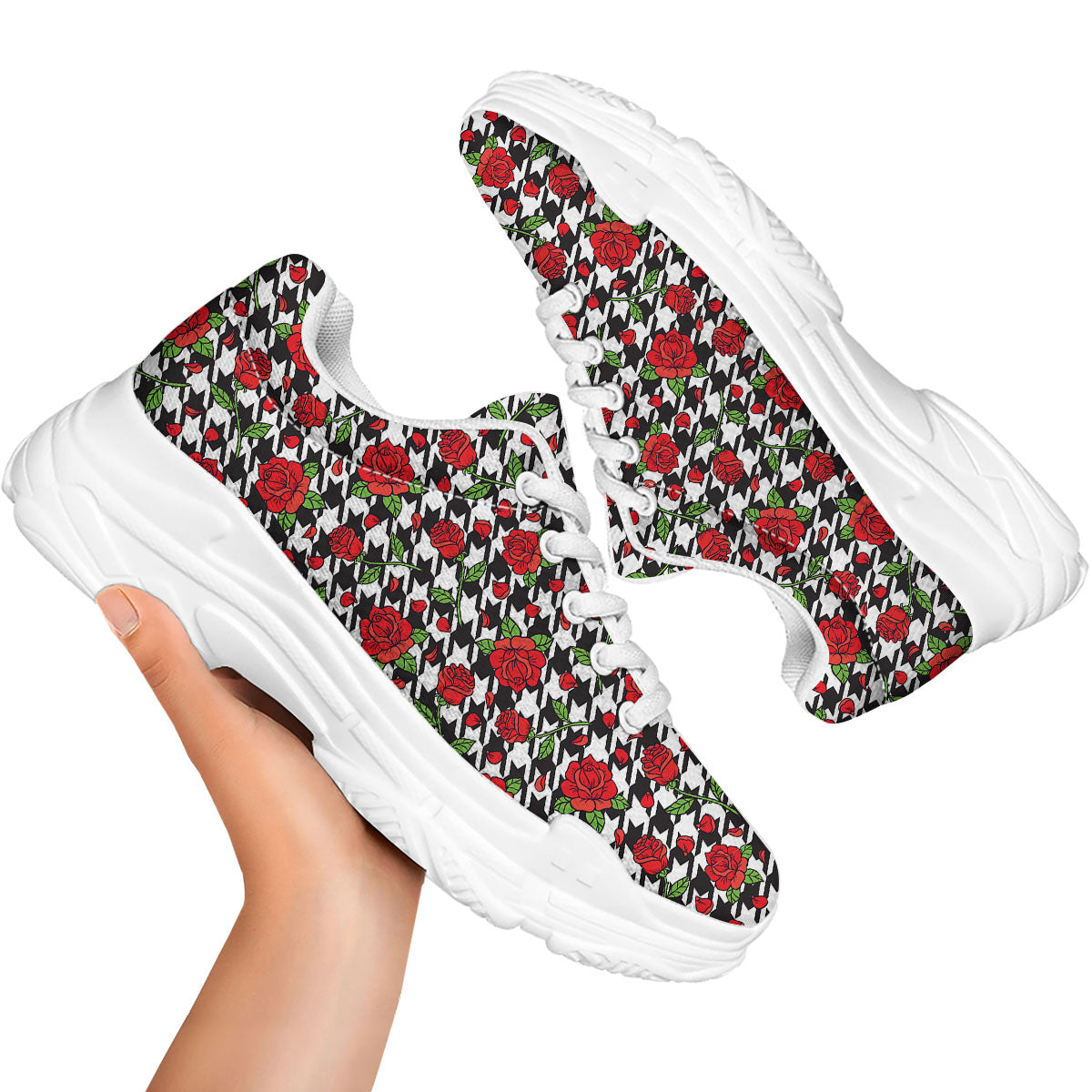 Houndstooth Red Roses Print Pattern White Chunky Shoes-grizzshop